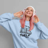 Thumbnail for Woman with headphones wearing a Light blue I have no shelf control sweatshirt