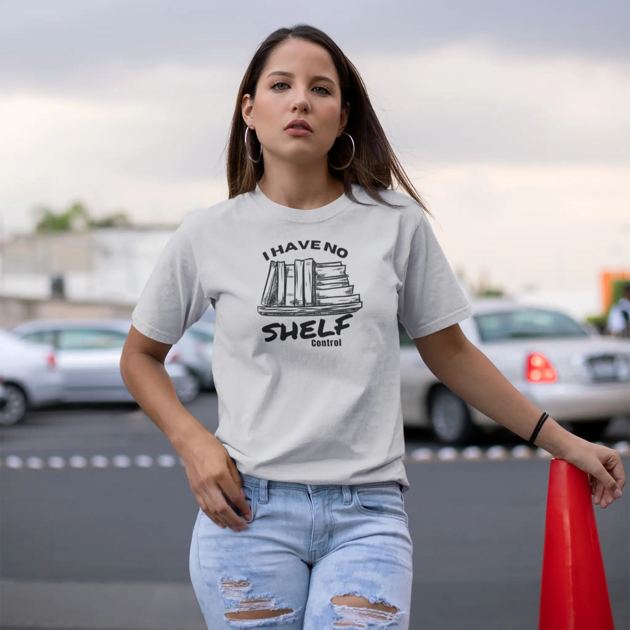 woman wearing a light grey I Have No Shelf Control T-Shirt