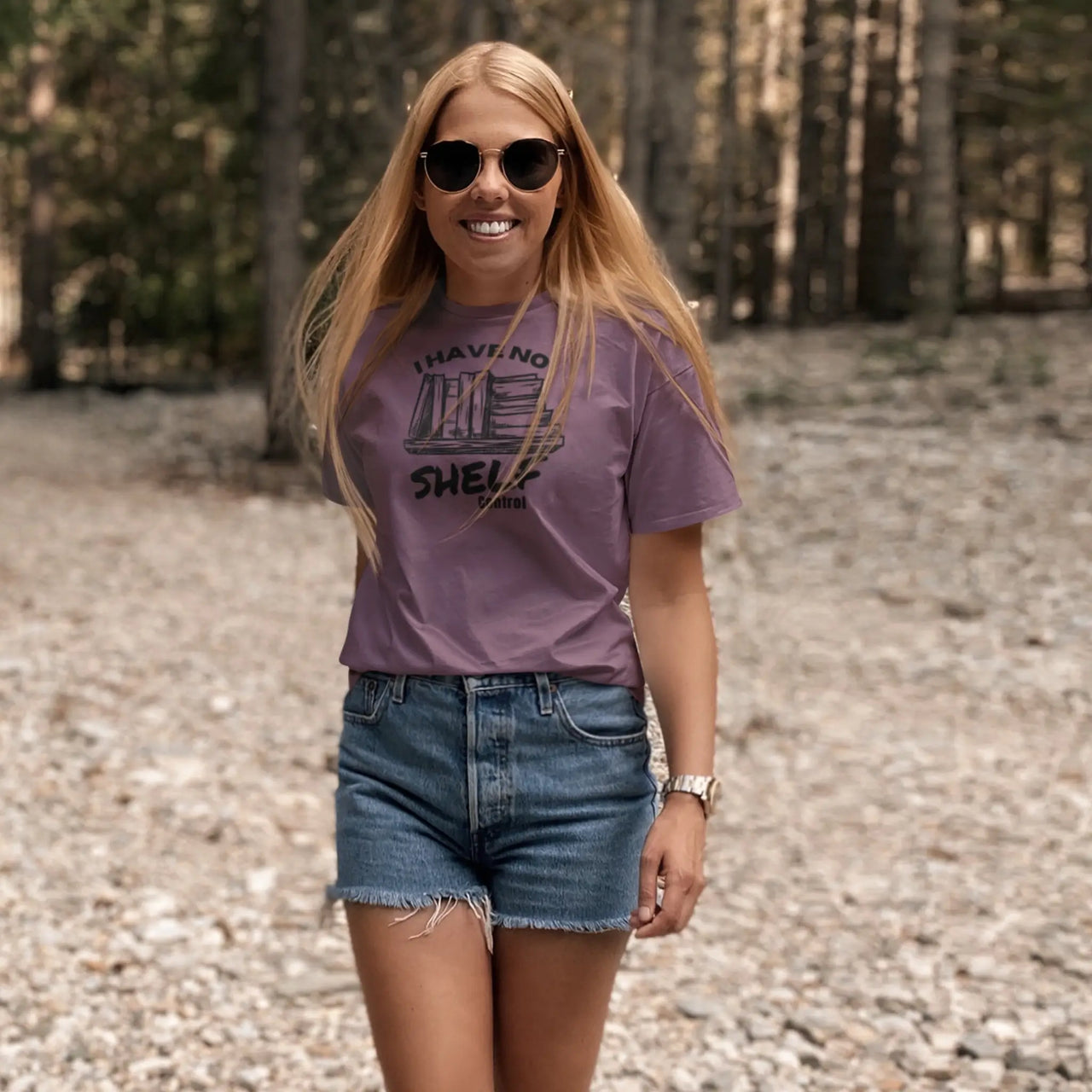 smiling woman wearing a maroon I Have No Shelf Control T-Shirt