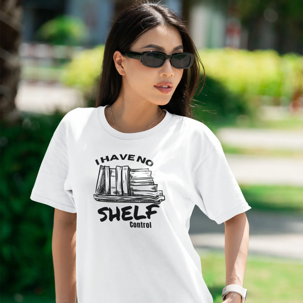 woman wearing a White I Have No Shelf Control T-Shirt