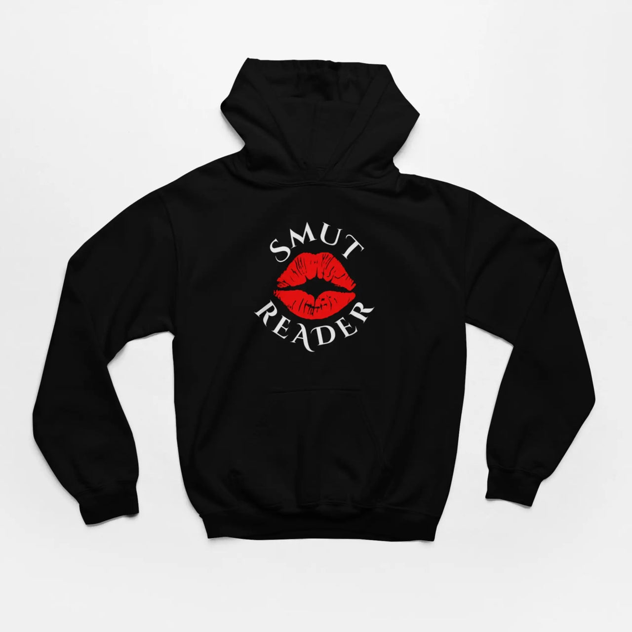 a black smut reader hoodie with red lips