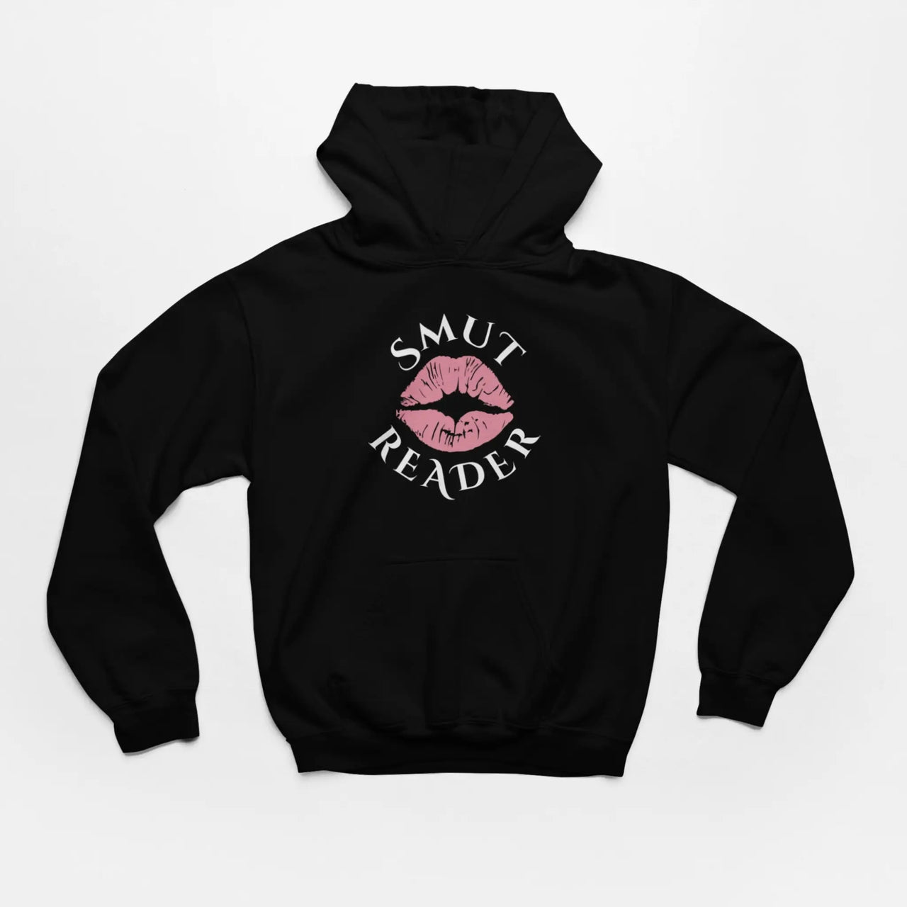 a black smut reader hoodie with pink lips