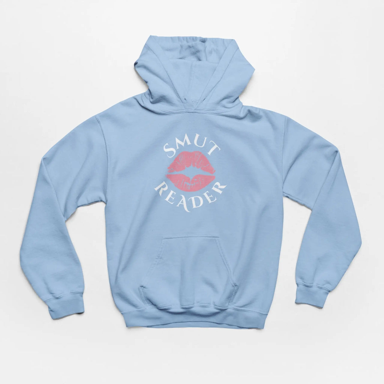 a blue smut reader hoodie with pink lips