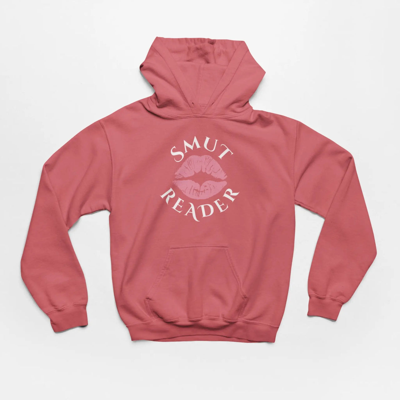 an dark pink smut reader hoodie with white text and pink lips