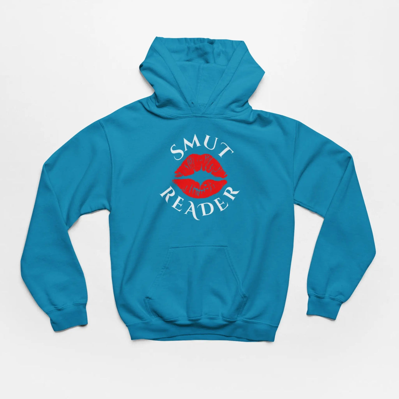 an teal smut reader hoodie with white text