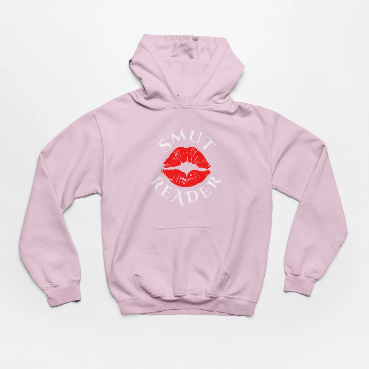 a pink smut reader hoodie with white text