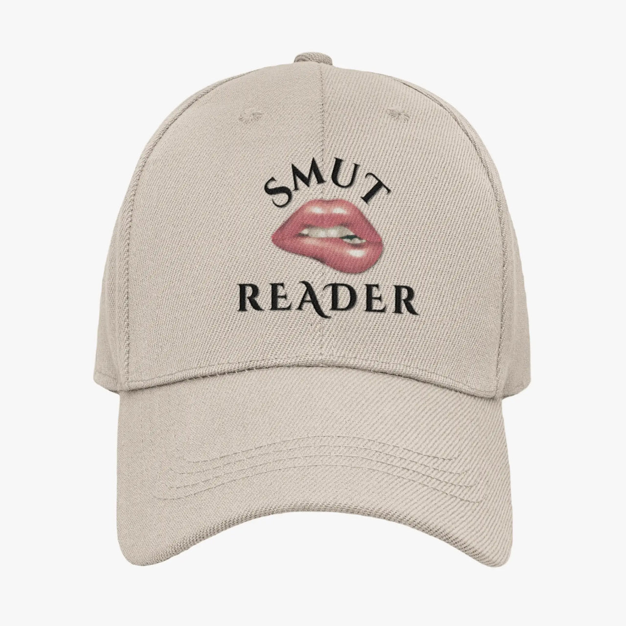 beige smut reader cap with a biting lip