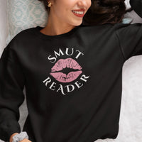 Thumbnail for woman wearing a black smut reader sweatshirt pink lips