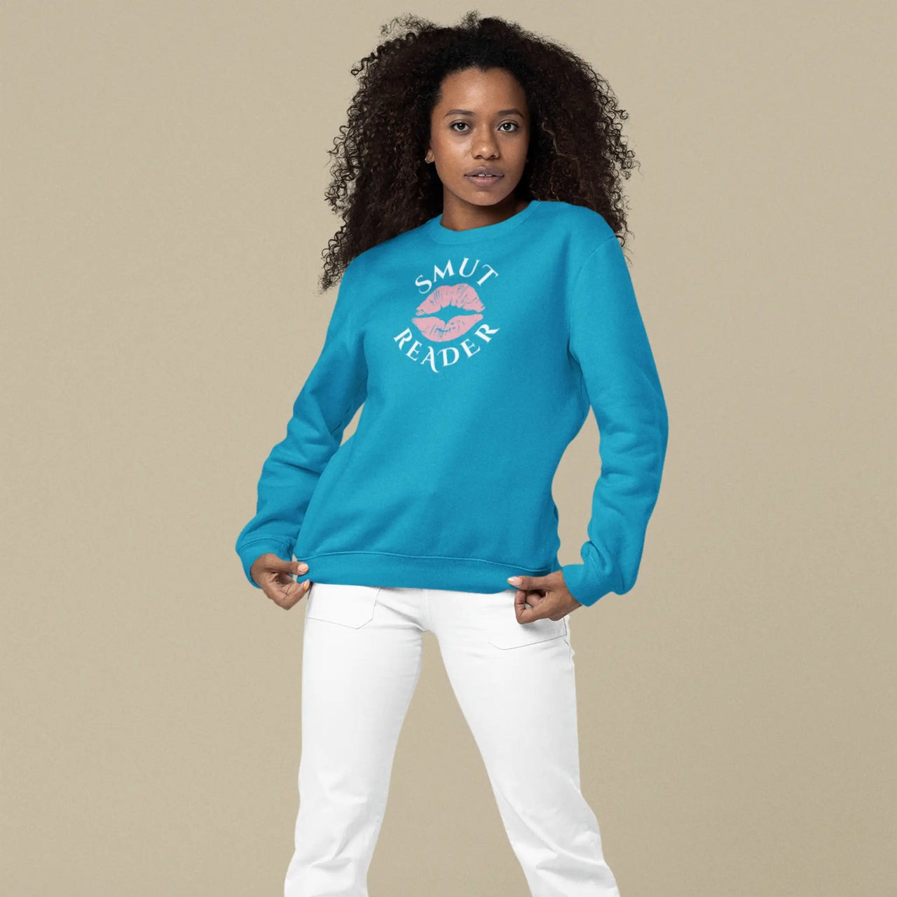 woman wearing teal smut reader sweatshirt pink lips