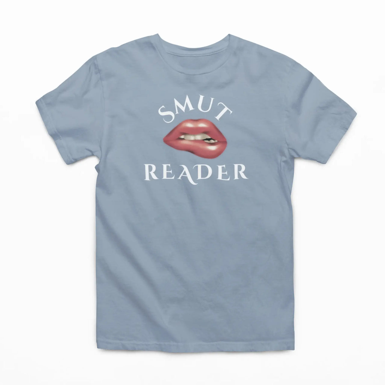 light blue smut reader v3 tshirt with white writing