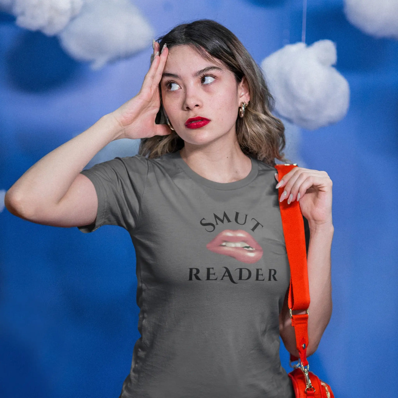 woman wearing a dark grey smut reader v3 tshirt