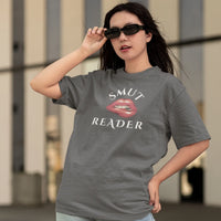 Thumbnail for woman wearing the dark grey smut reader v3 tshirt white writing