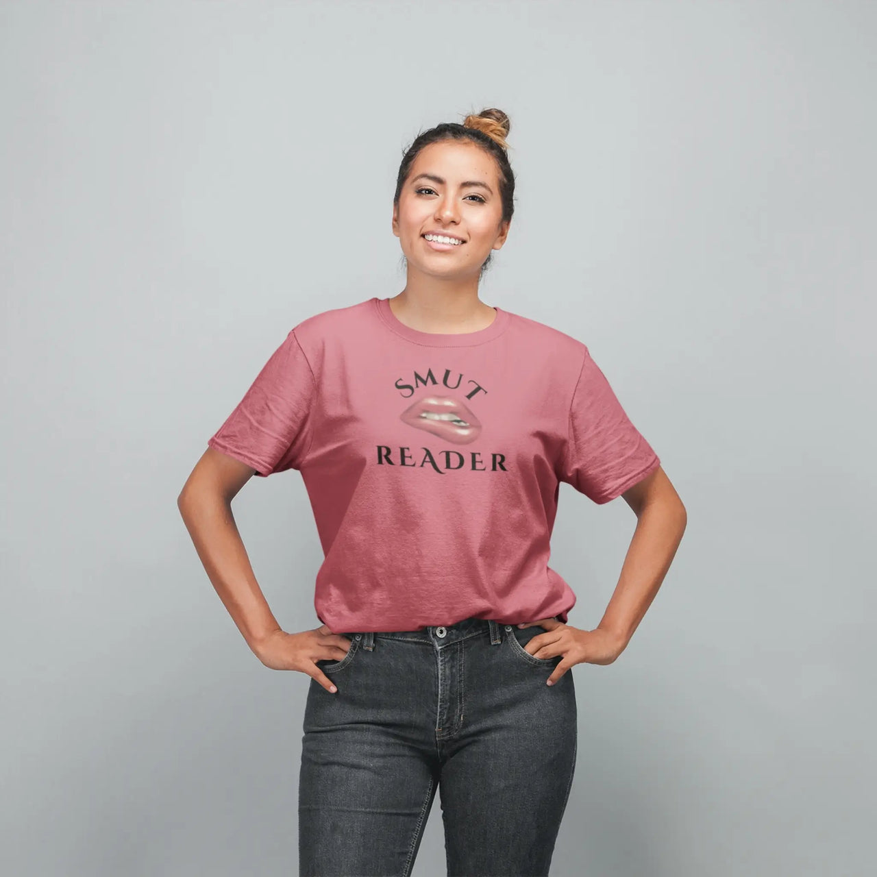 woman wearing a heather dark  pink smut reader v3 tshirt