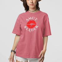 Thumbnail for woman wearing a dark pink smut reader v1 tshirt white writing