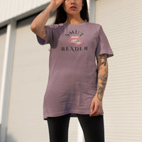 Thumbnail for woman wearing an oversized heather maroon smut reader v3 tshirt