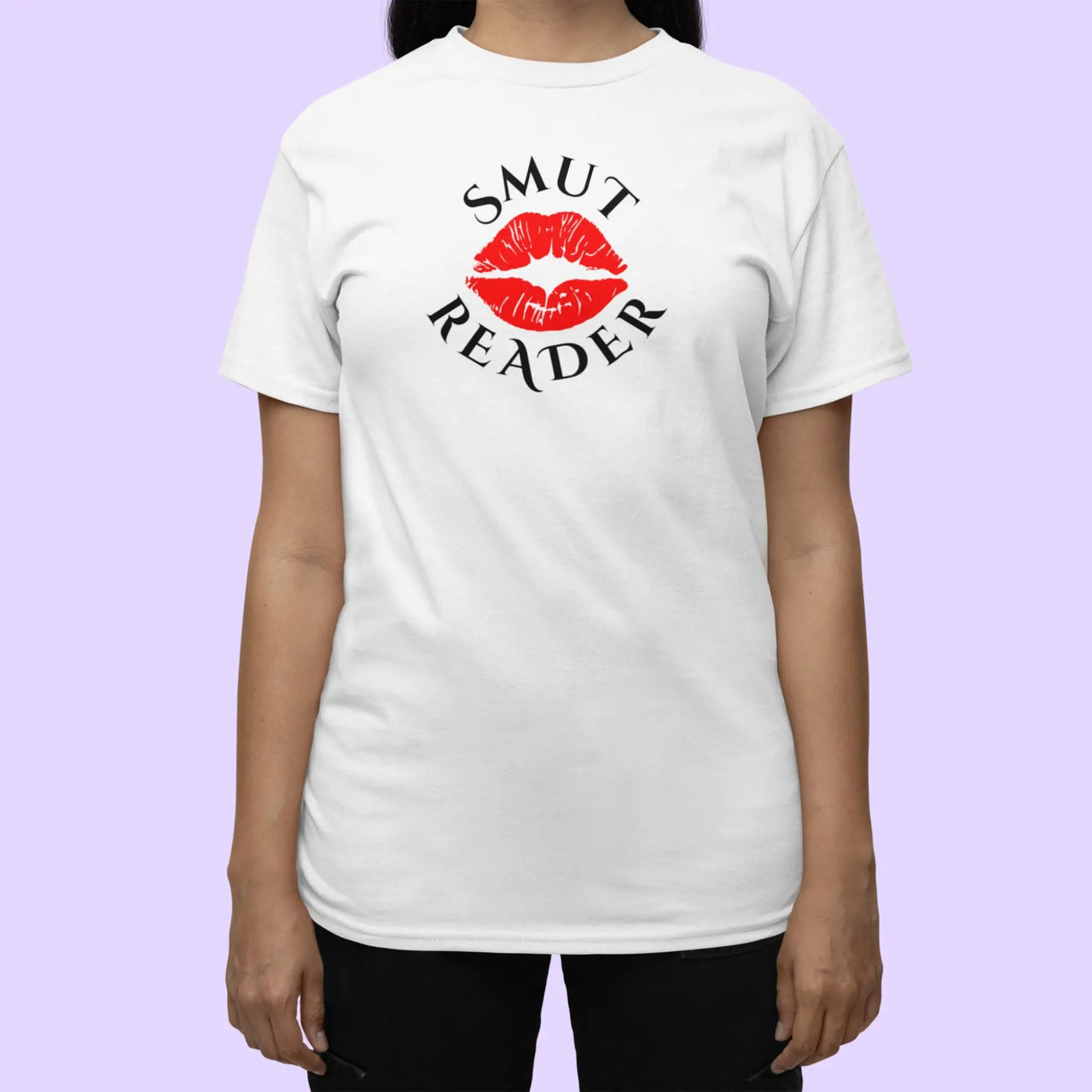 woman wearing a white smut reader v1 tshirt 