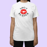 Thumbnail for woman wearing a white smut reader v1 tshirt 