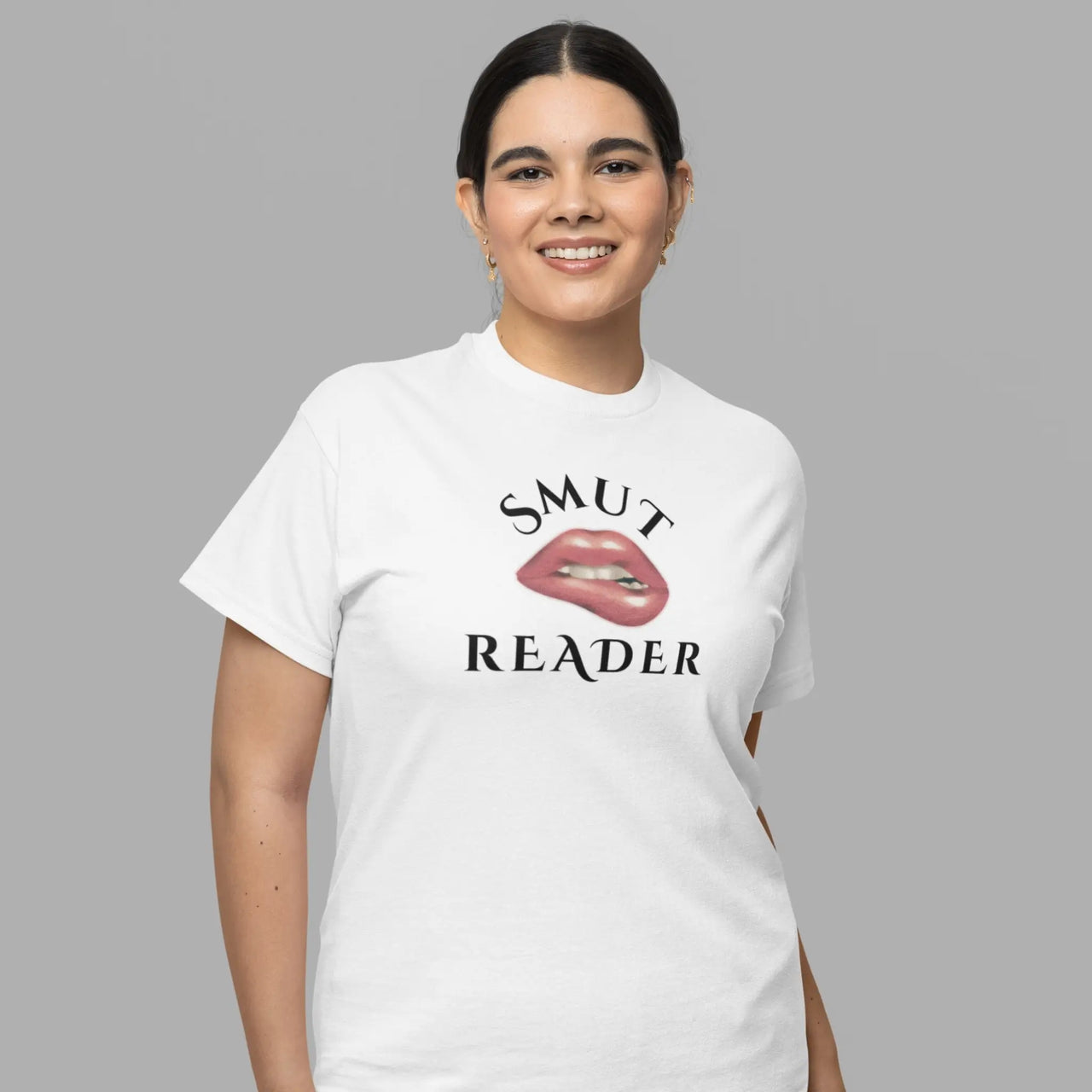 woman wearing the white smut reader v3 tshirt