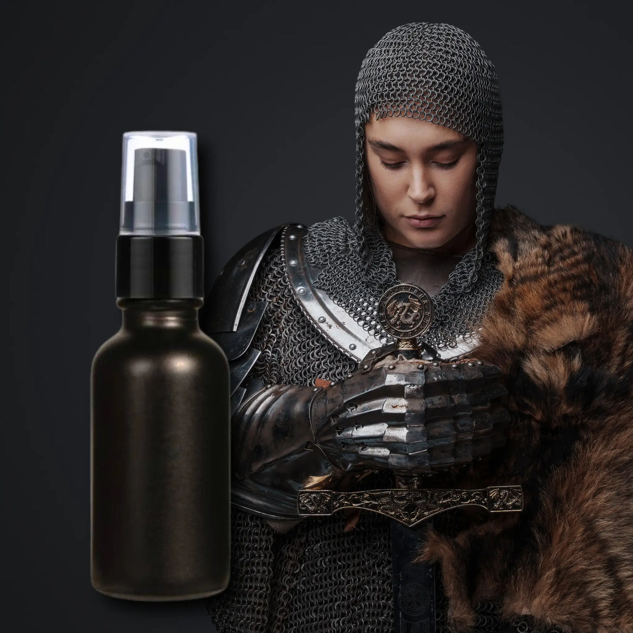 room spray bottle next to a warrior