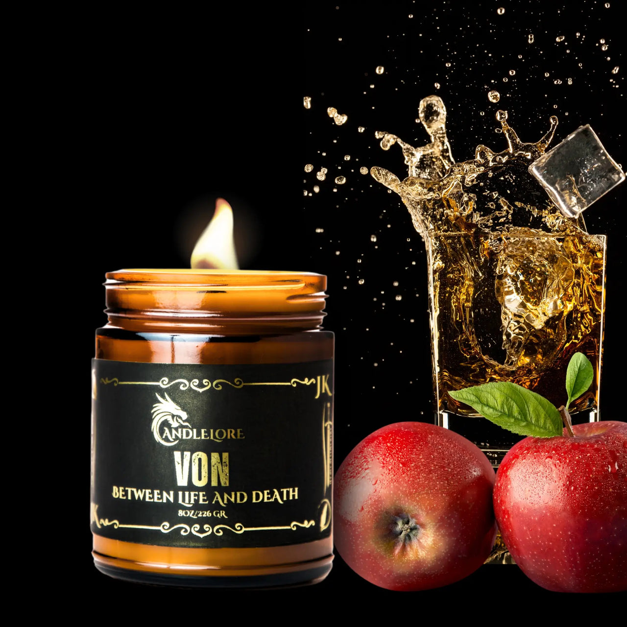 Von candle next to apples and whiskey