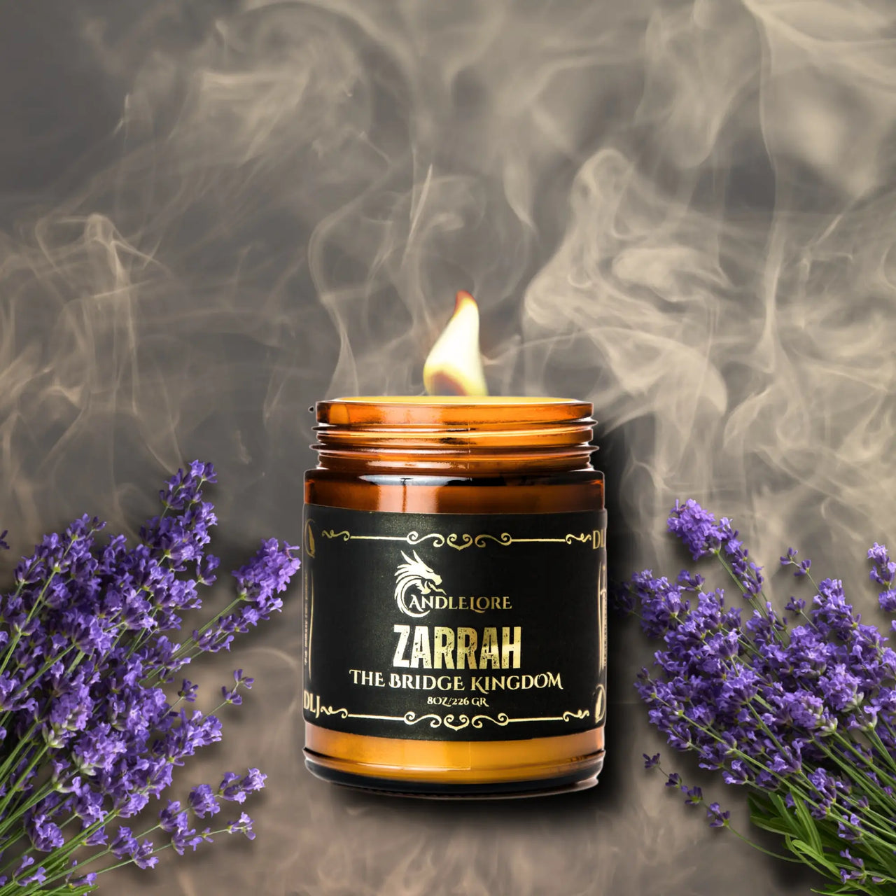 Zarrah candle beside lavender and smoke